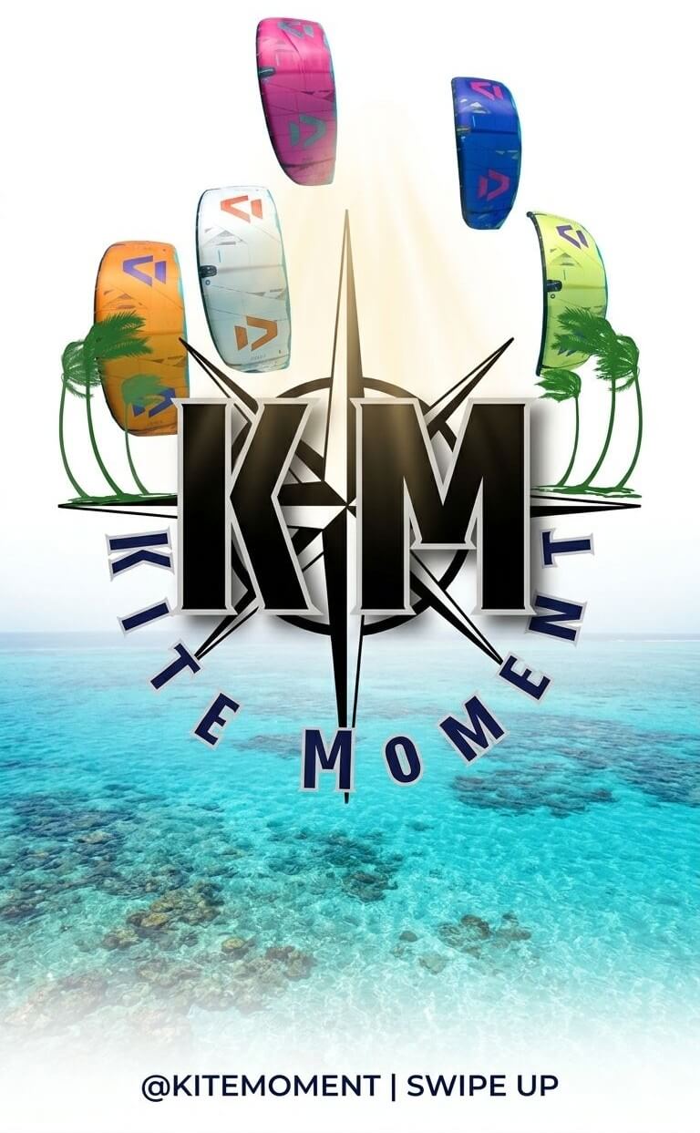 Arte da parceria Kite Moment com equipamentos de kitesurf
